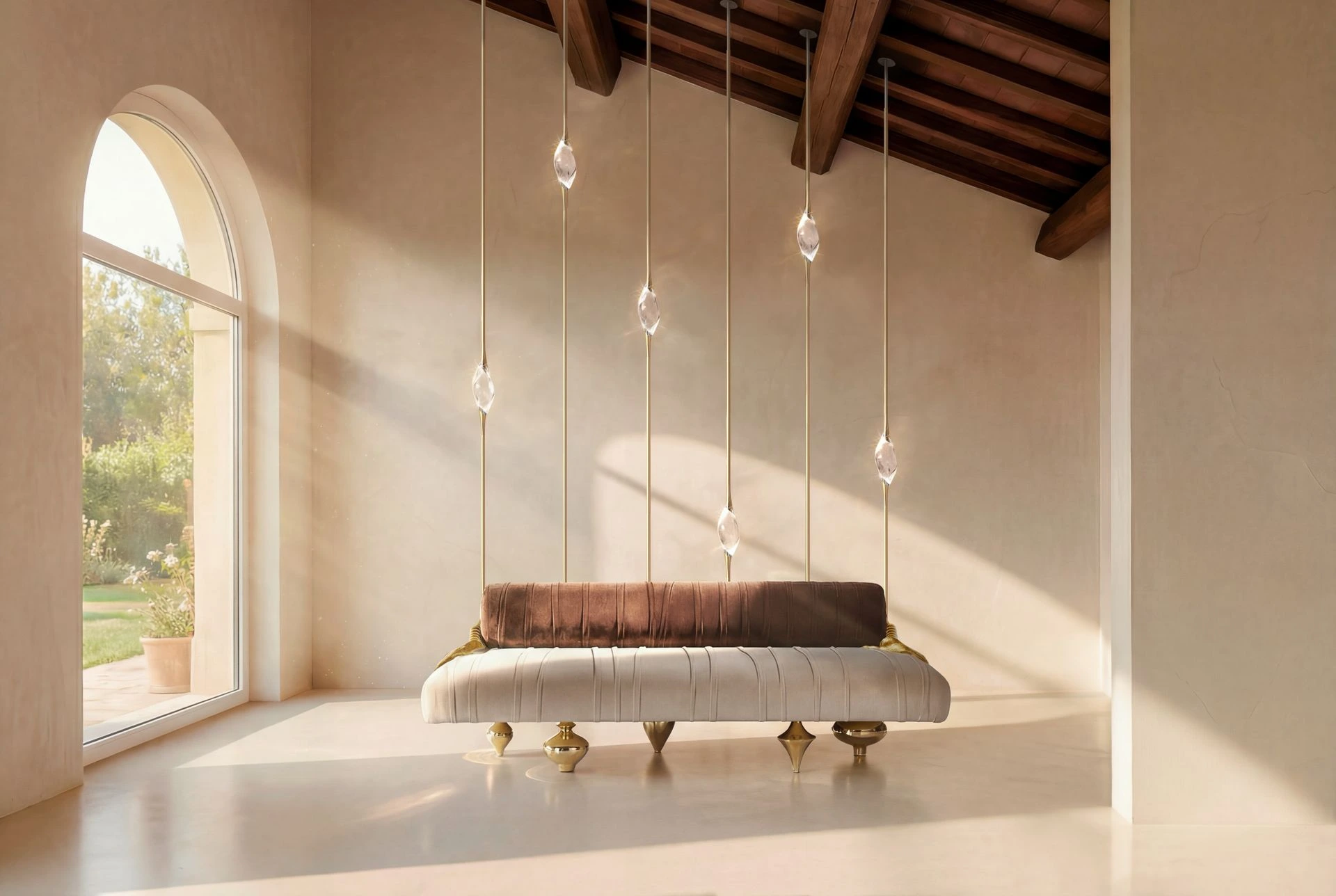 Il Pezzo 12 Floor to Ceiling in a living room, the lit crystal between floor and ceiling