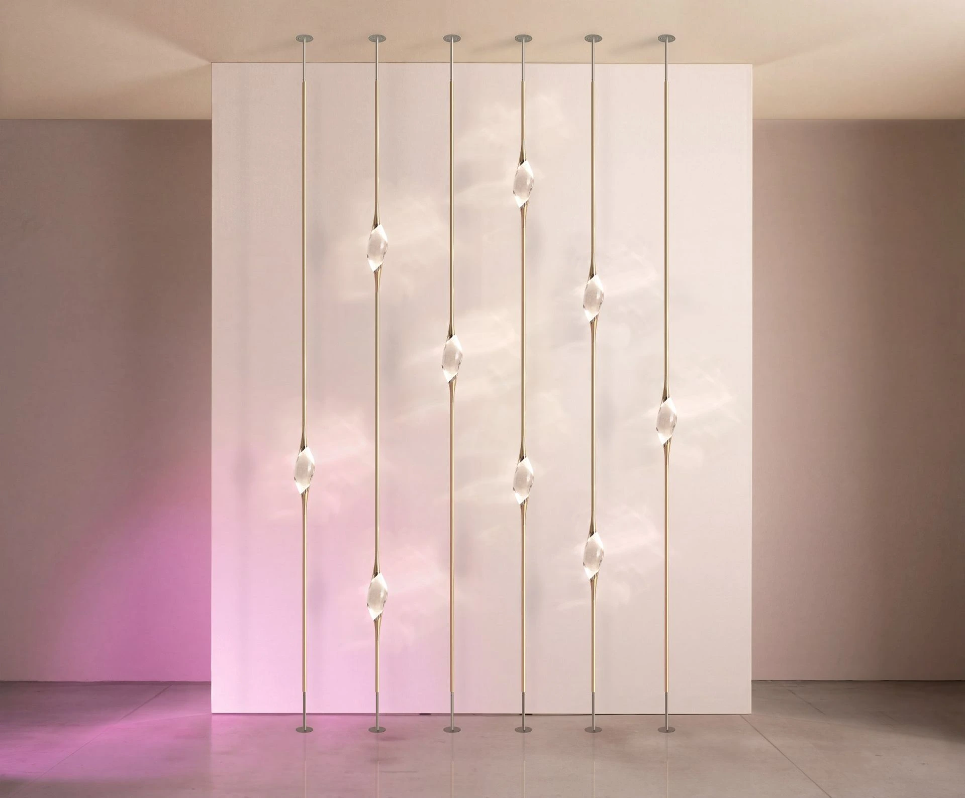 Bespoke composition of Il Pezzo 12 Floor to Ceiling, several stems and crystals drawn on the space