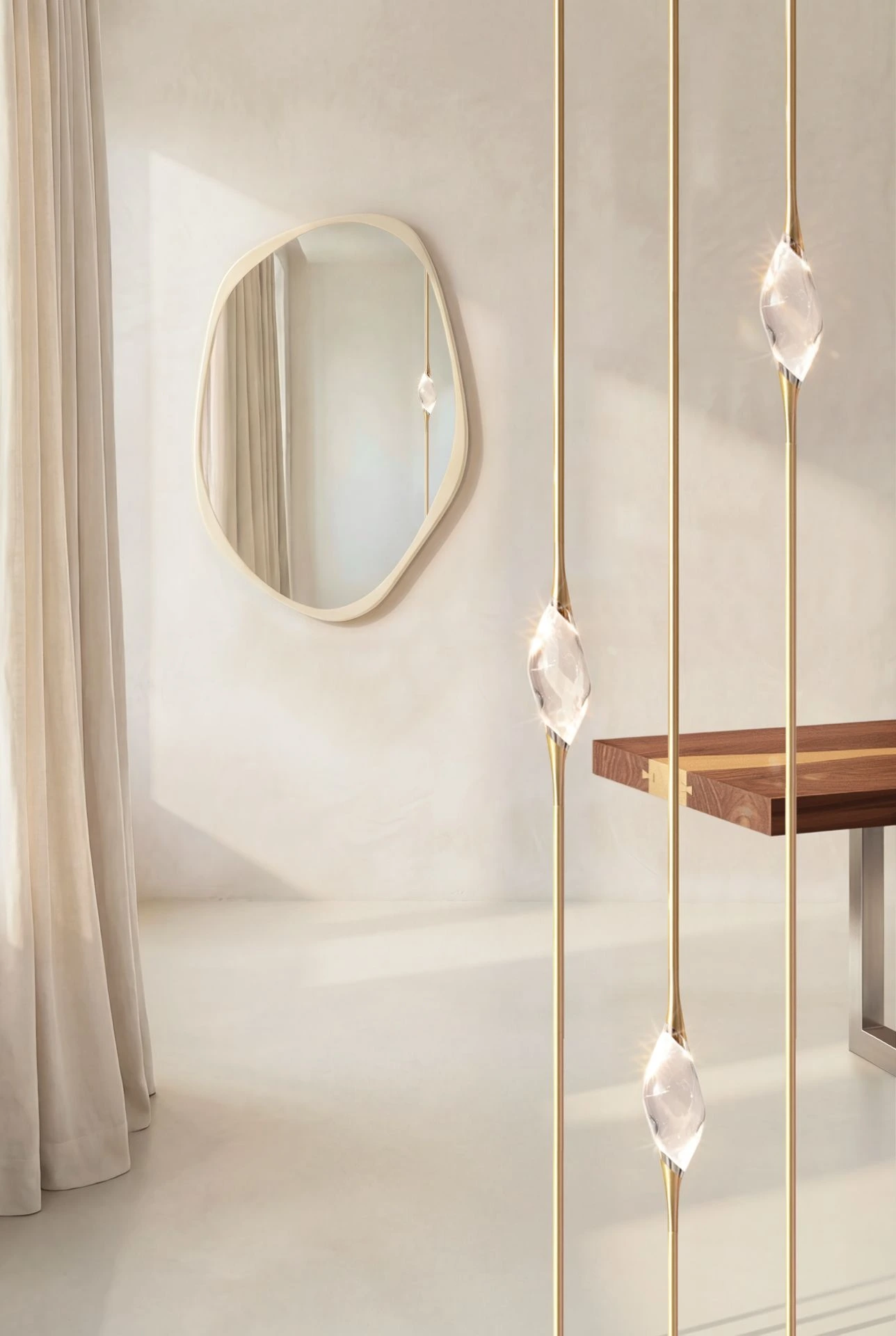 Il Pezzo 12 Floor to Ceiling beside a curtain, warm light against the light