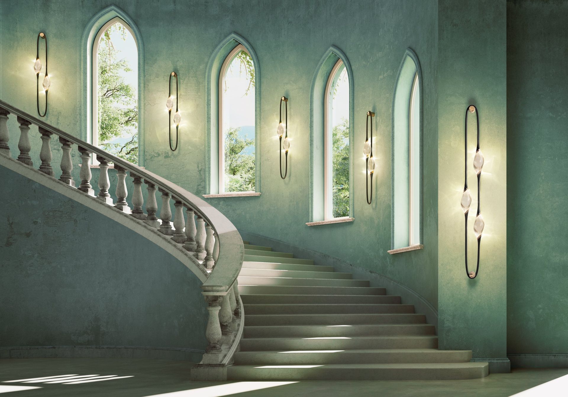 A sequence of Il Pezzo 12 Wall Sconce lit along a staircase wall, between arched windows