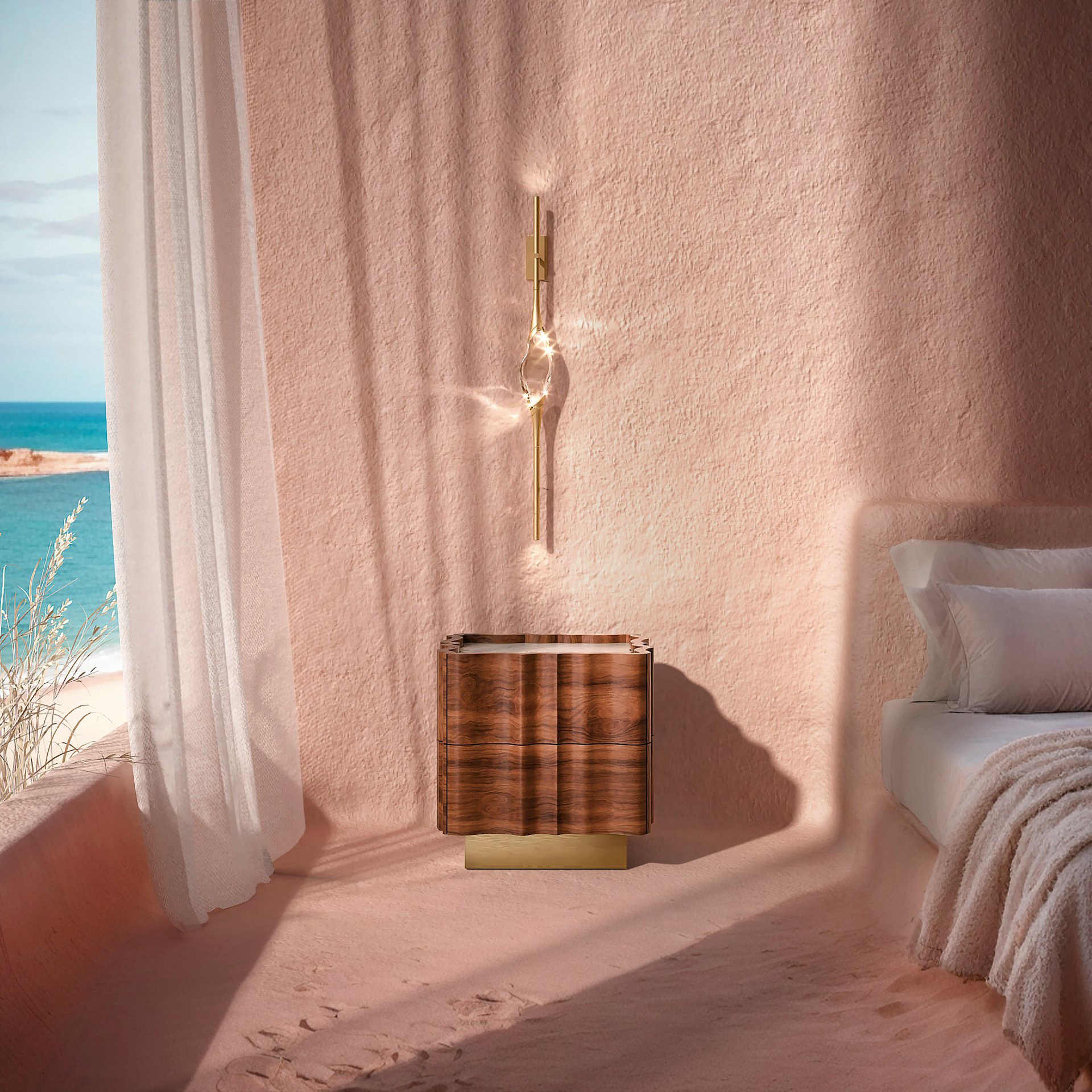 Il Pezzo 12 Wall Sconce lit above a bedside table, in a bedroom facing the sea